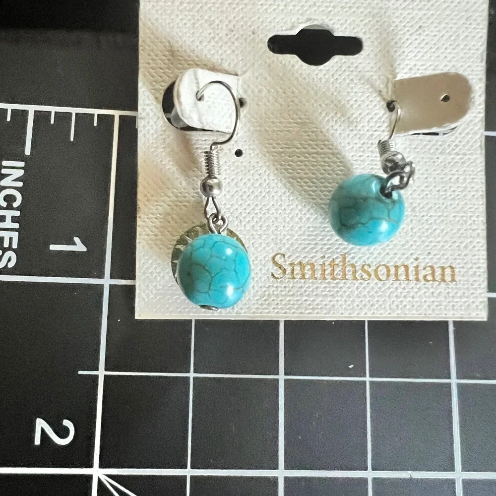 Smithsonian Faux Turquoise Bead Dangle Earrings Silver Tone OS Boho 90s